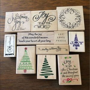 Wood mounted Christmas Joy lot of 11 rubber stamps